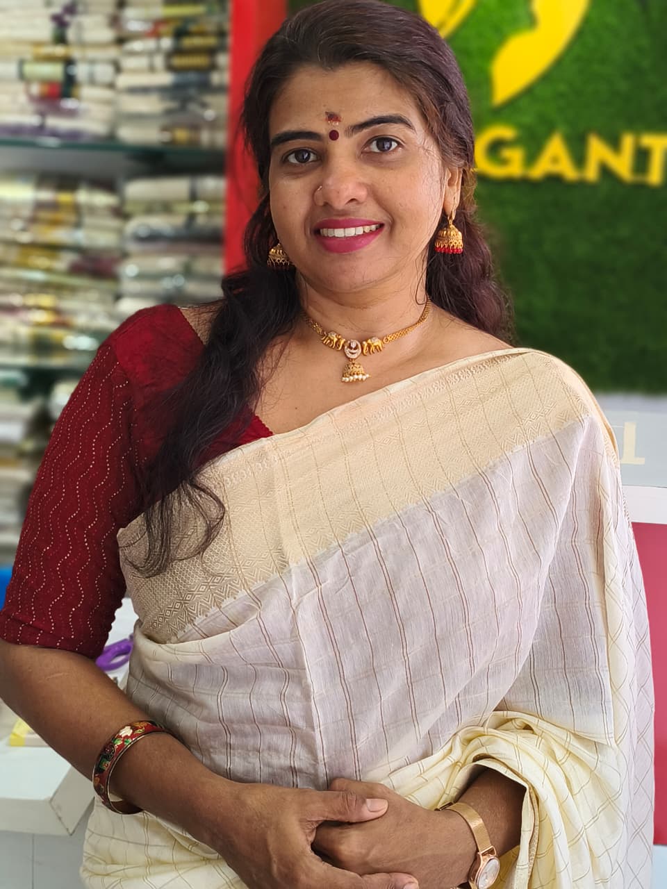 Cream Colour Semi Silk Saree