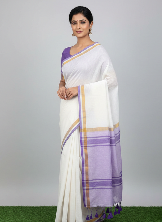 Mul Cotton Onam Saree – Lavender Pallu with Kasav Border & Tassels