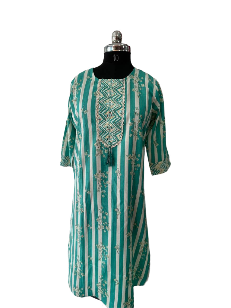 Green and white striped cotton churidar set