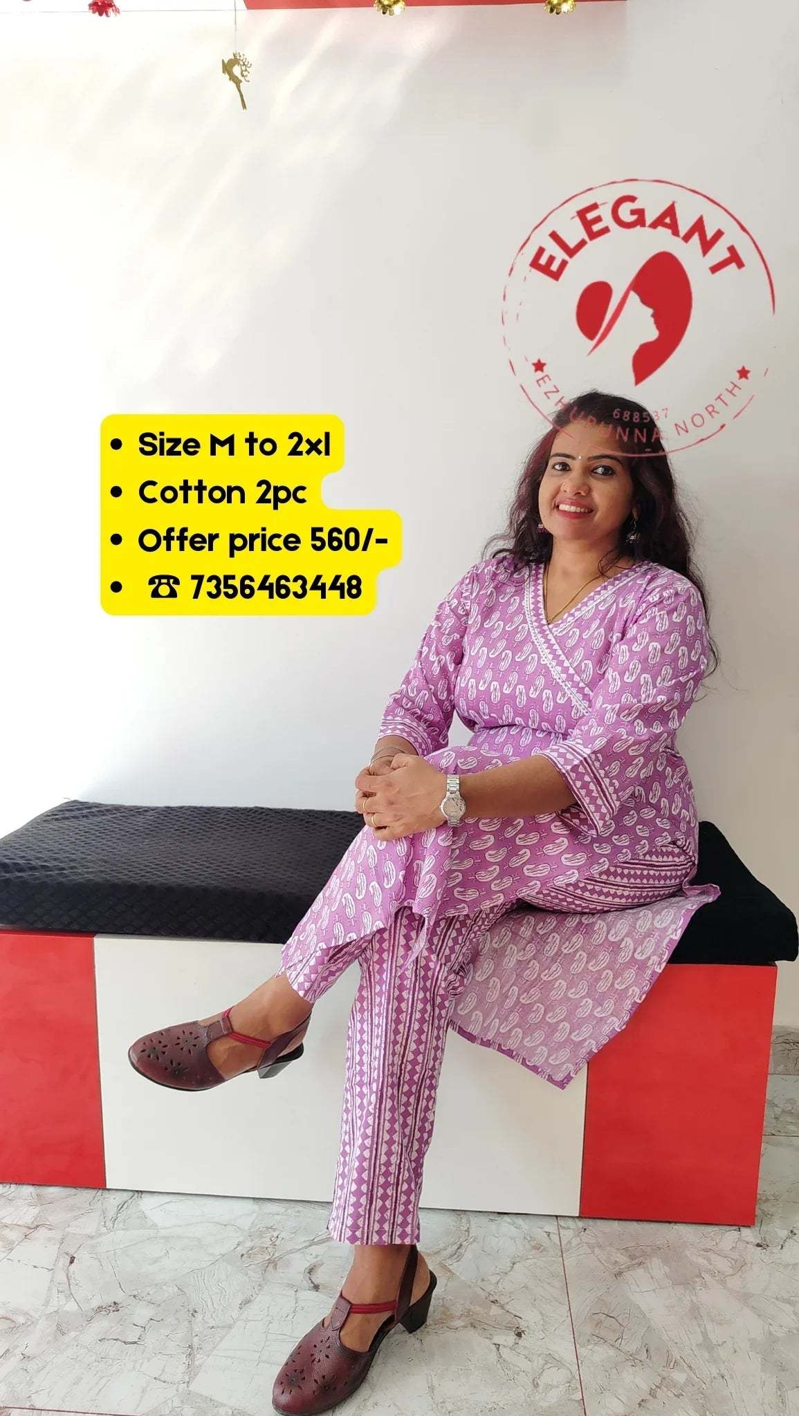 Woman wearing a pink cotton Kurthi Set sitting on a bench with elegant logo in the background