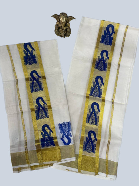 Kasav set mund with blue elephant design