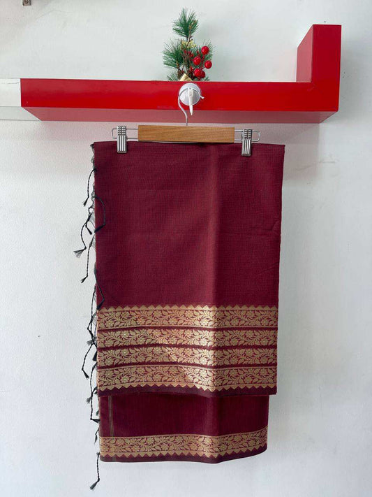 Maroon soft silk saree with gold zari border 
