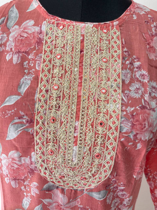 Peach floral cotton churidar with gold embroidery works