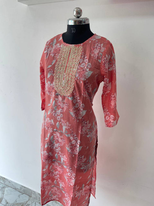 Peach floral cotton churidar with gold embroidery works