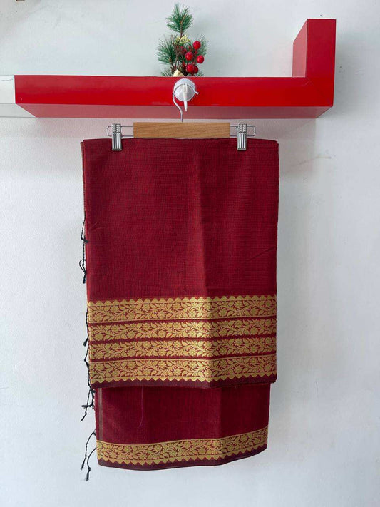 Red soft silk saree with gold zari border