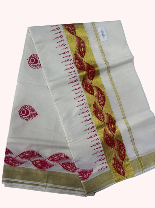 White set saree with red and gold patterns 