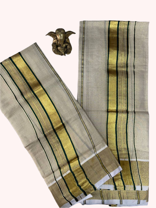 Tissue fabric set mund with green,gold stripes