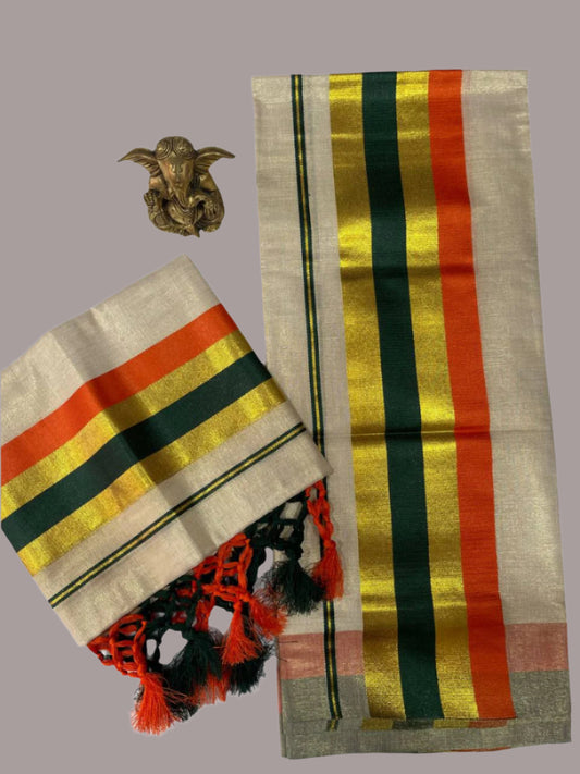 Tissue fabric set mund with orange,gold,black stripes and tassels