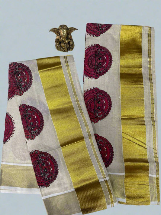 Ivory tissue set mund with red Theyyam motifs and golden Kasav border detailing