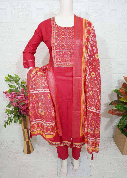 Elegant red Roman silk churidar with intricate embroidery and matching printed dupatta.