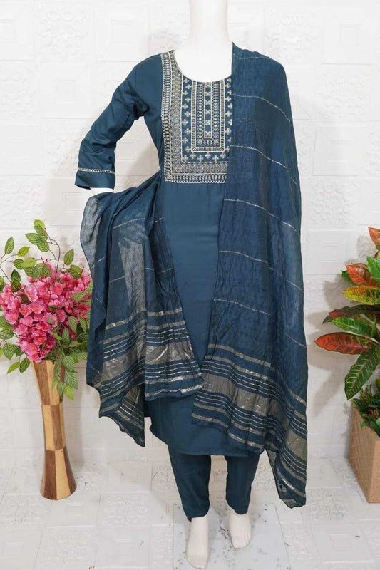 Roman Silk churidar set in navy blue with intricate embroidery and matching dupatta