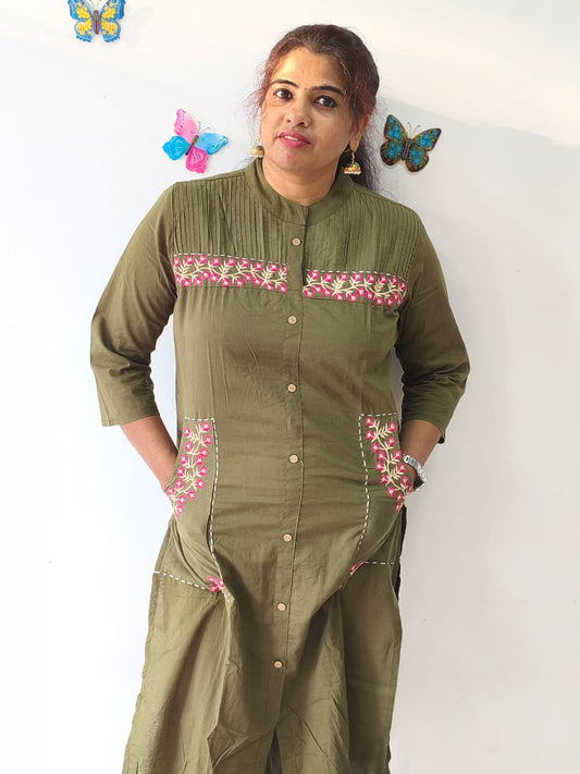 Affordable Green Cord Set,cotton with Embroidery