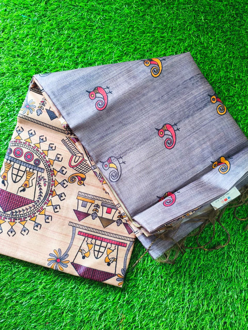 Ash Shade Madhubani Design Tussar Silk Saree