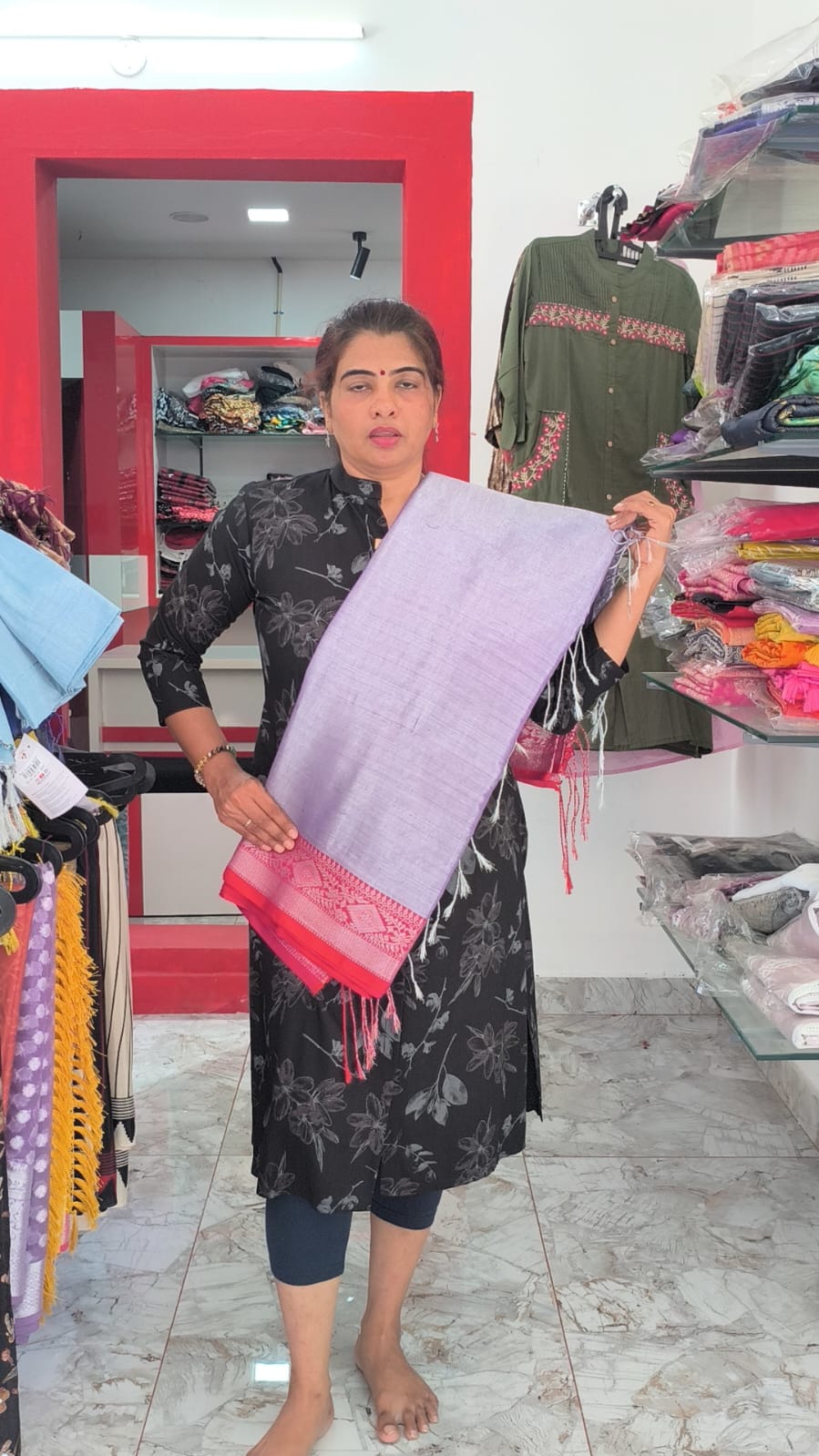 Purple with Red Colour Boarder Mul Tissue Saree
