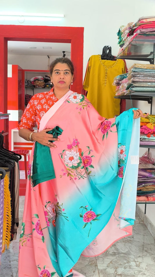Light Peach and Ocean Blue Satin Silk Sarees with Floral Design