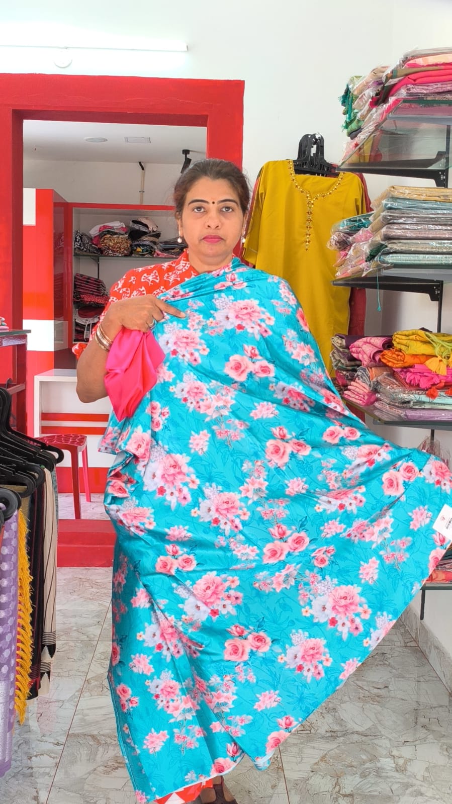 Blue Satin Silk Sarees with Floral Design