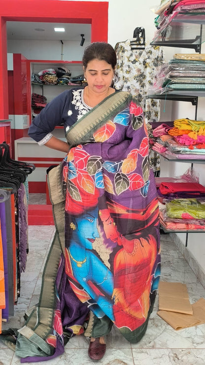 Semi Silk Saree with digital painting