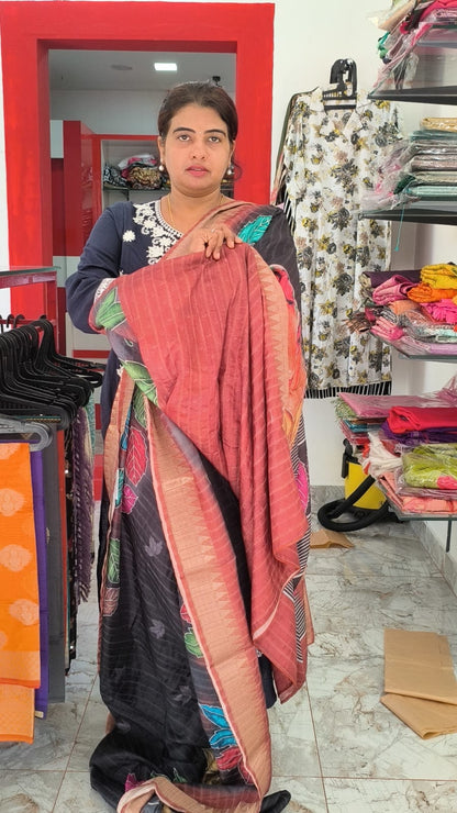 Leaf design Semi Silk Saree with digital painting