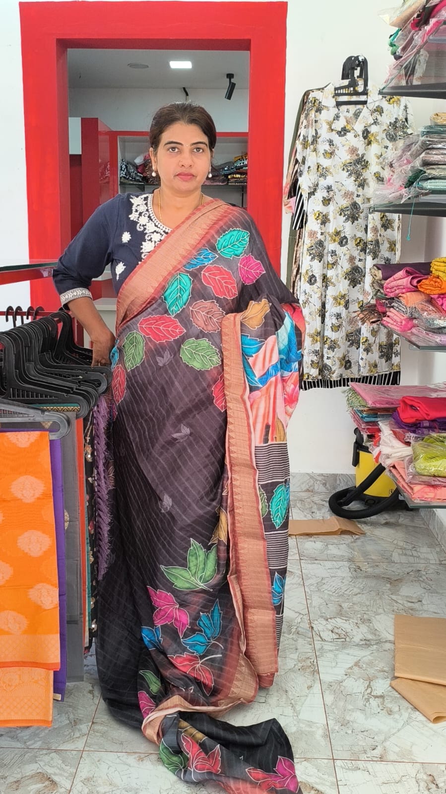 Leaf design Semi Silk Saree with digital painting