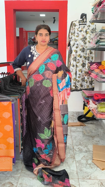 Leaf design Semi Silk Saree with digital painting