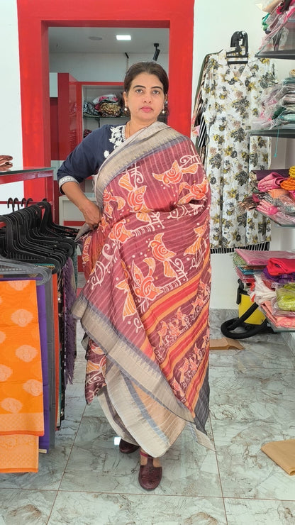 Brown Semi Silk Saree with digital painting