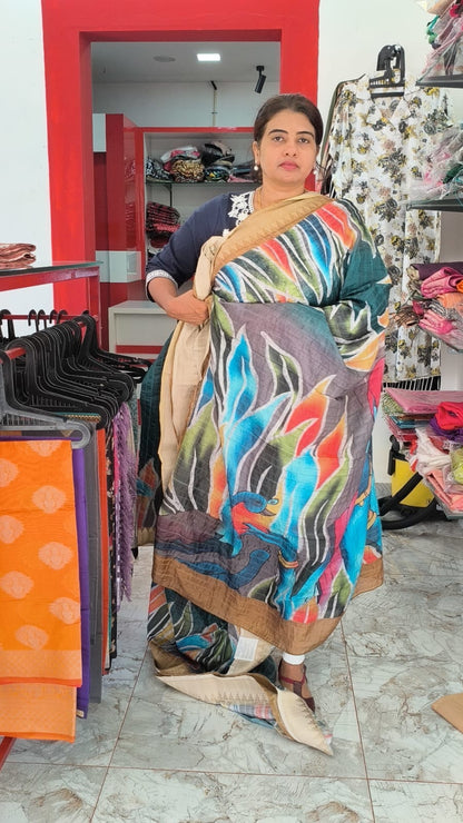 Semi Silk Saree with digital painting