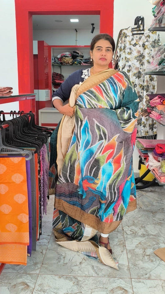 Semi Silk Saree with digital painting
