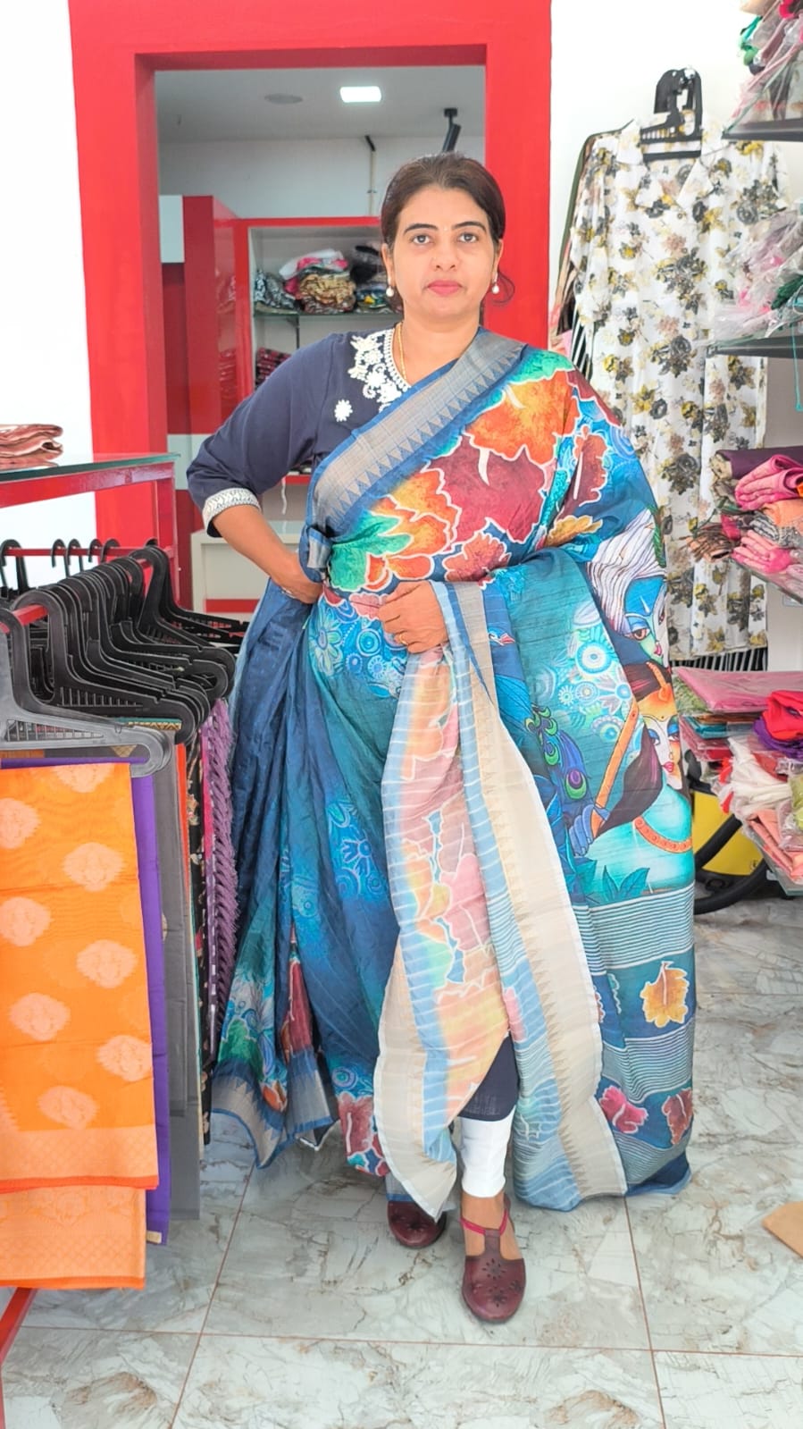 Blue Semi Silk Saree with digital painting