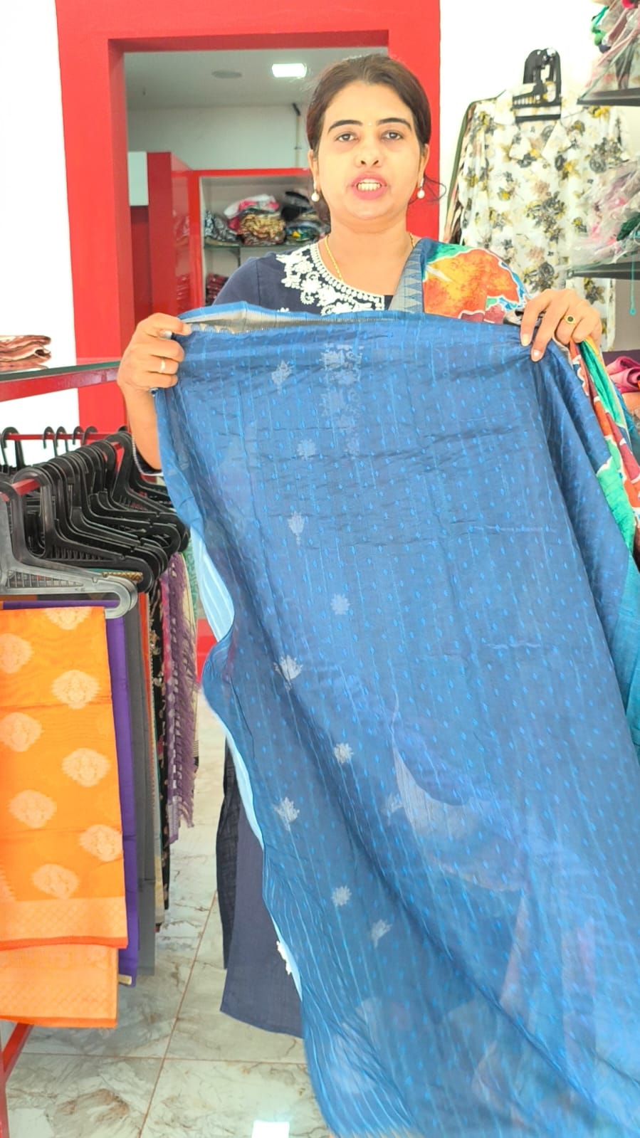 Blue Semi Silk Saree with digital painting