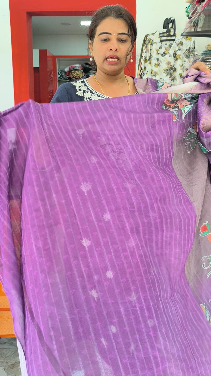 Purple Semi Silk Saree with digital painting
