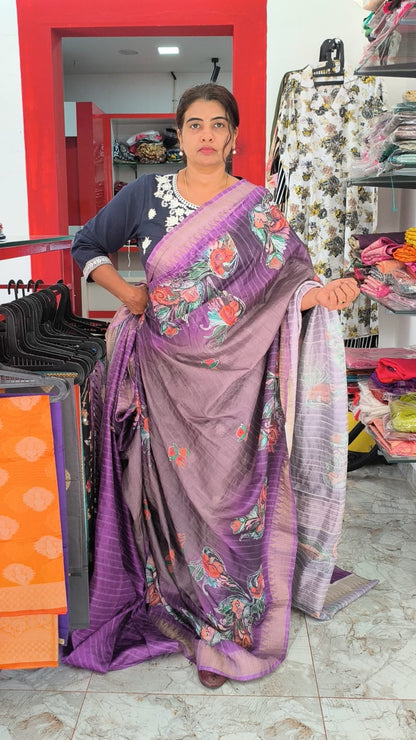 Purple Semi Silk Saree with digital painting