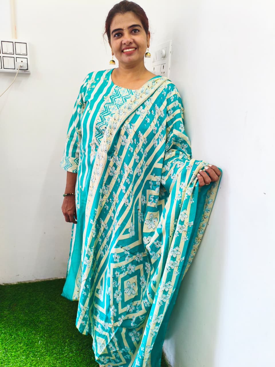 Green and white striped cotton churidar set