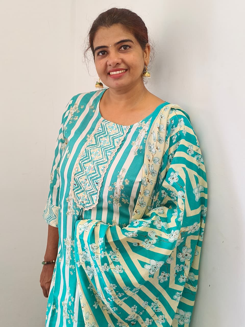 Green and white striped cotton churidar set