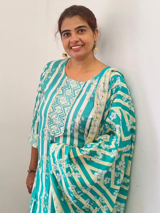 Green and white striped cotton churidar set