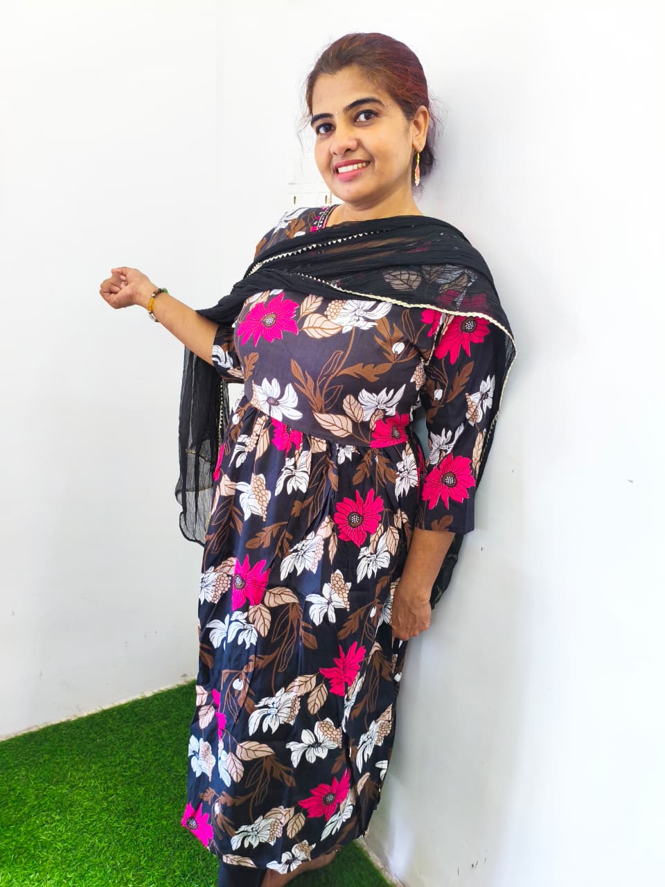 Black Rayon Churidar Set with Floral Design