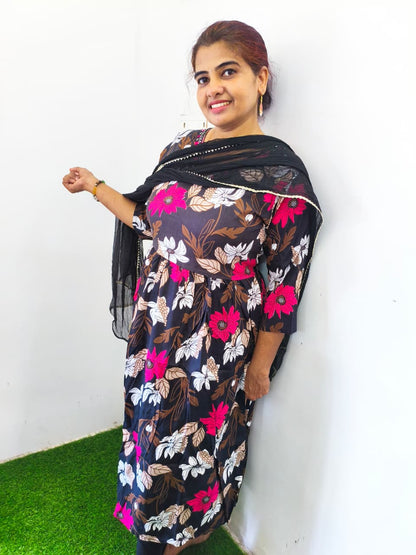 Black Rayon Churidar Set with Floral Design