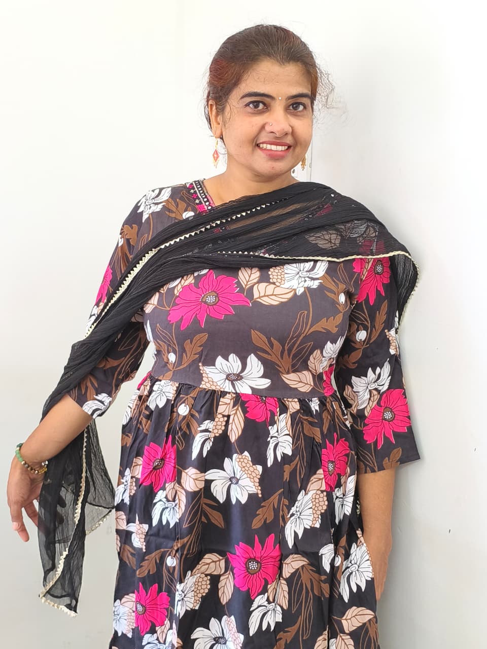 Black Rayon Churidar Set with Floral Design