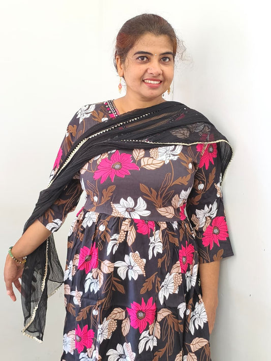 Black Rayon Churidar Set with Floral Design