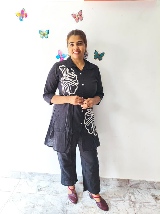 Black linen co-ord set with embrodery works