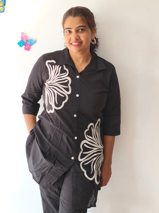 Black linen co-ord set with embrodery works
