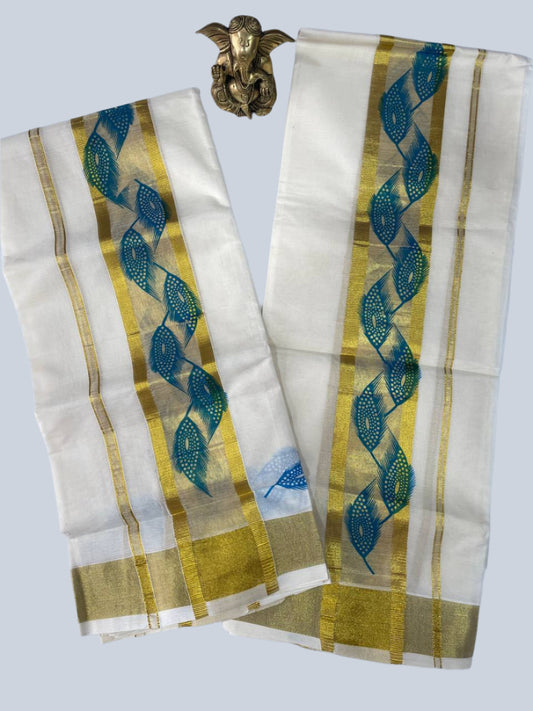 White saree with blue and gold patterns 