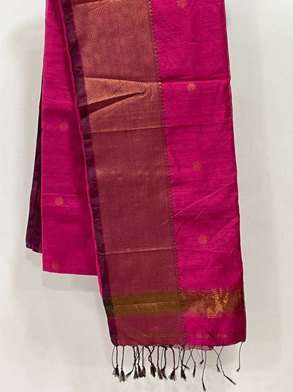 Saree with pink and brown pattern on a white background