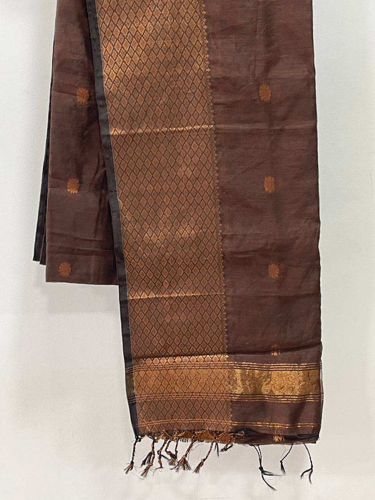Brown woven fabric with intricate patterns on a white background