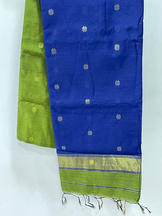 Blue and green fabric with floral patterns on a white background