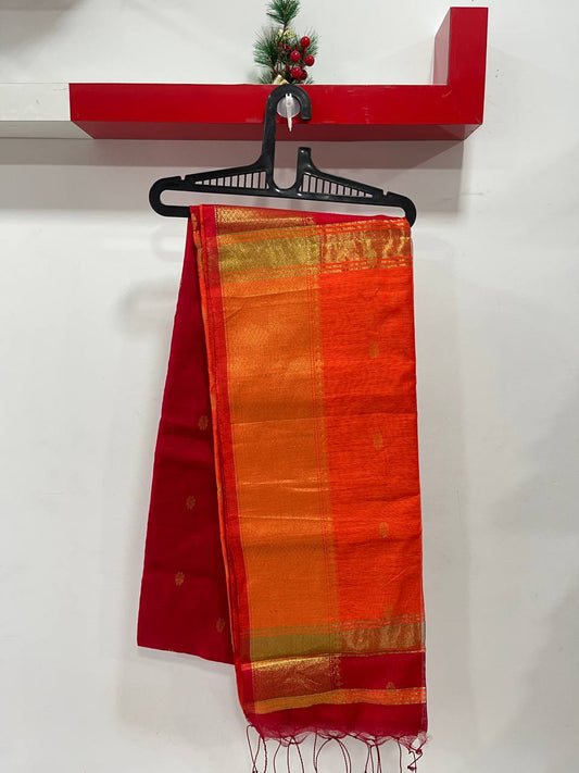 Maheswari Cotton sarees with red body and orange pallu