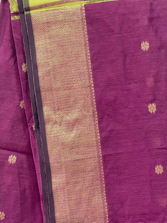 Purple fabric with gold border and floral patterns