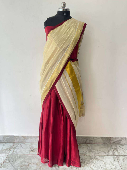 Tissue dhavani set red skirt and cream duppatta