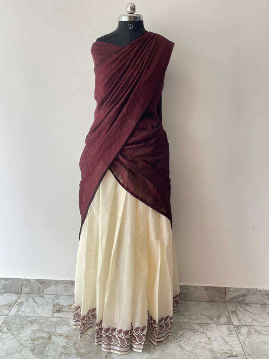 Maroon dupatta and cream skirt dhavani set