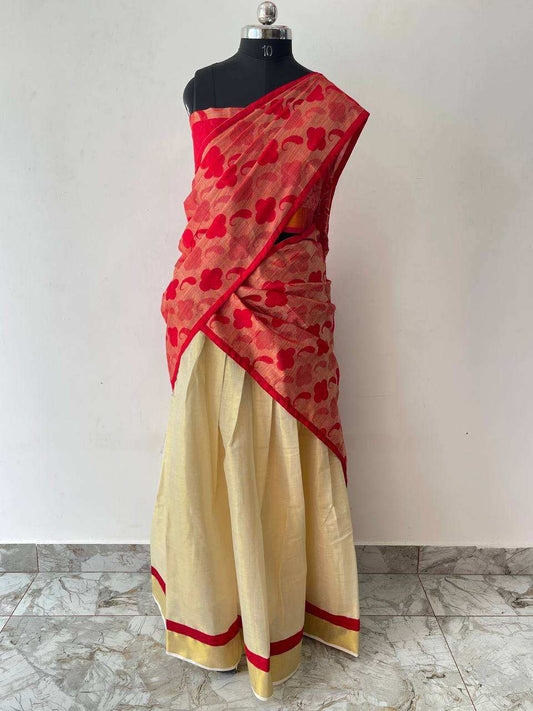 Red and Cream dhavani set