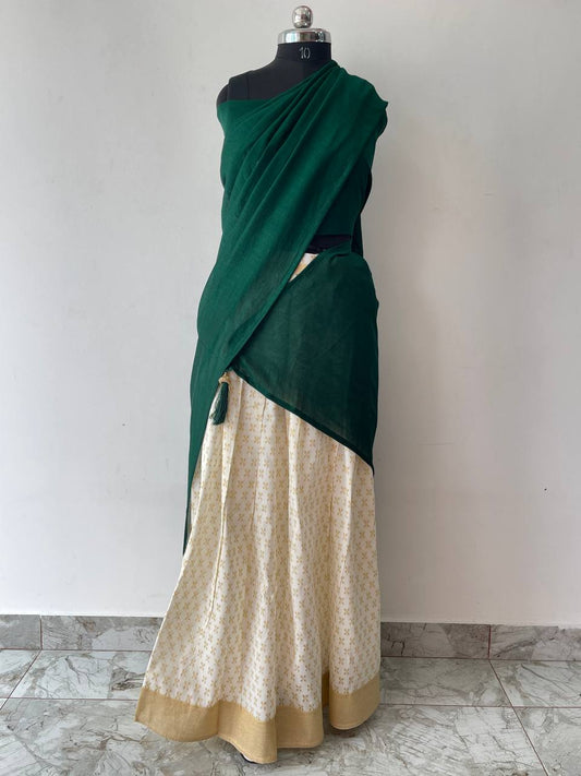 green and cream dhavani set